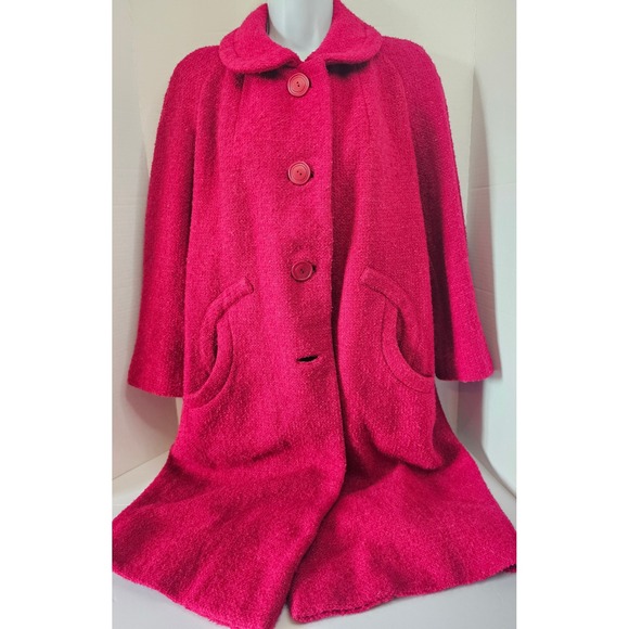 Vintage 60s Davidow Raspberry Boucle Wool Swing Coat SZ L/XL? MISSING 1 BUTTON - Picture 1 of 10